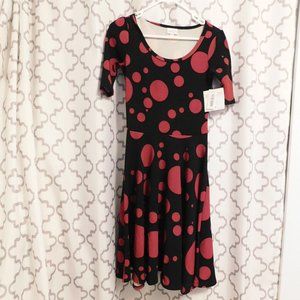 Lularoe Nicole Fitted Bodice Black & Red Polka Dot A-Line Midi Dress - X…